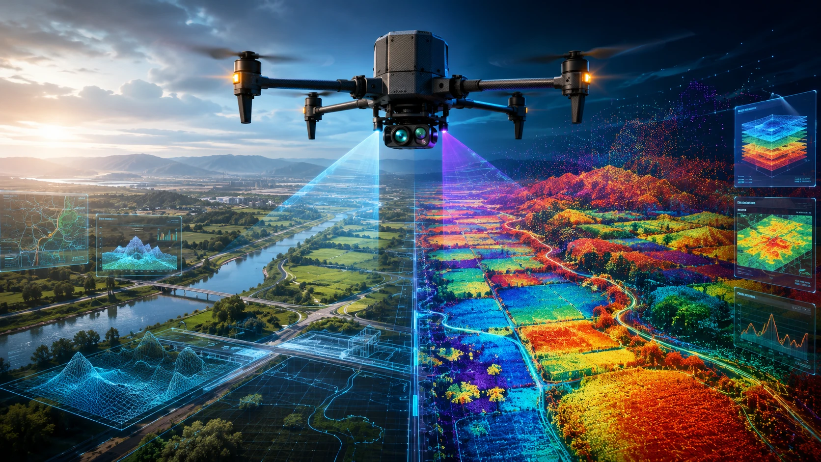 RGB vs multispectral drone sensor comparison showing visible-light imagery and spectral data for mapping, inspection, agriculture, vegetation, and environmental analysis.
