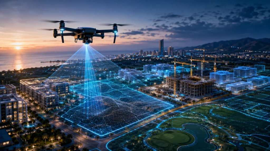Real estate drone mapping showing 3D site documentation, construction progress, roads, structures, terrain, and spatial data for property development projects.