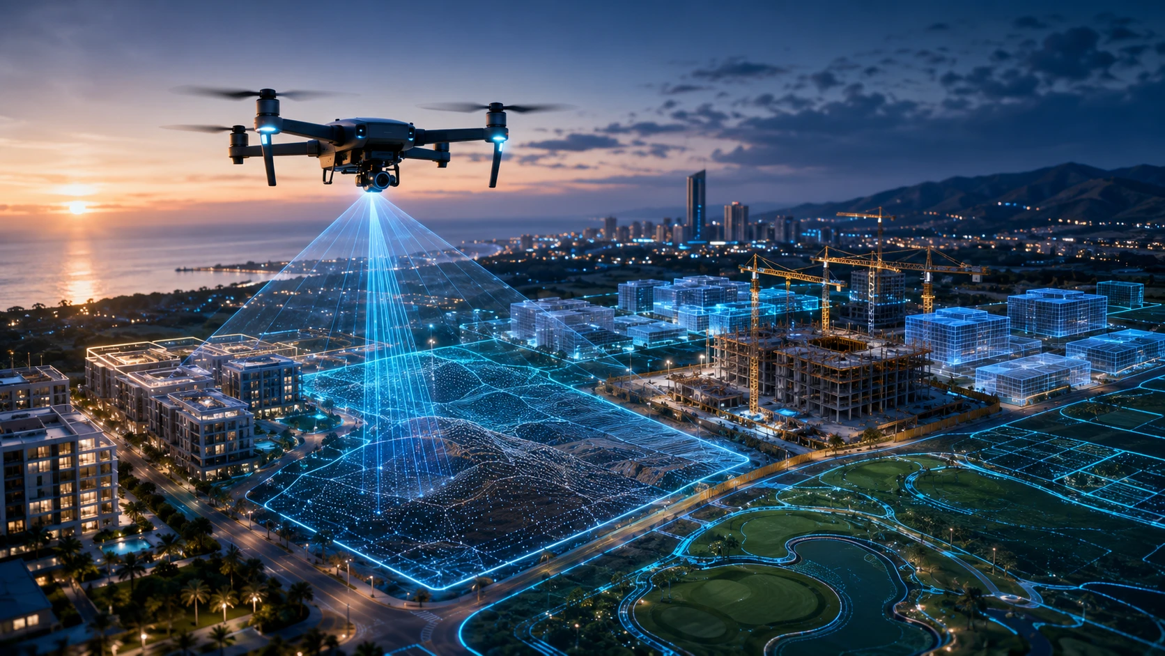 Real estate drone mapping showing 3D site documentation, construction progress, roads, structures, terrain, and spatial data for property development projects.