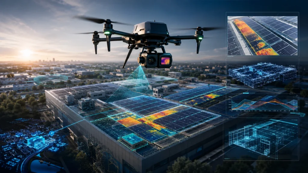 Drone solar panel inspection using thermal and RGB cameras to detect hotspots, damaged modules, soiling, shading, and other PV system anomalies.