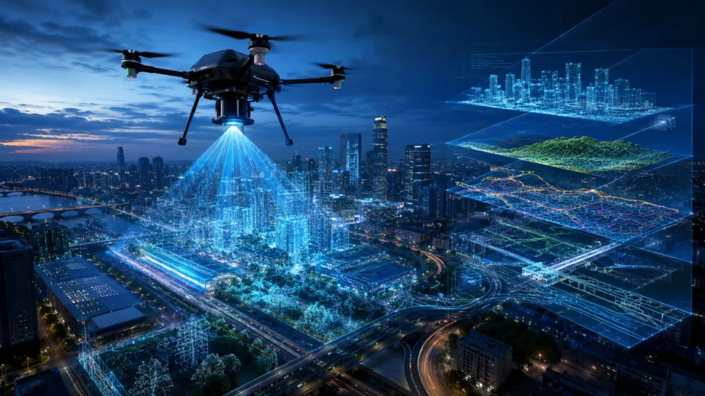 LiDAR urban planning point cloud mapping buildings, roads, terrain, utilities, drainage, and vegetation for 3D city analysis and infrastructure planning.