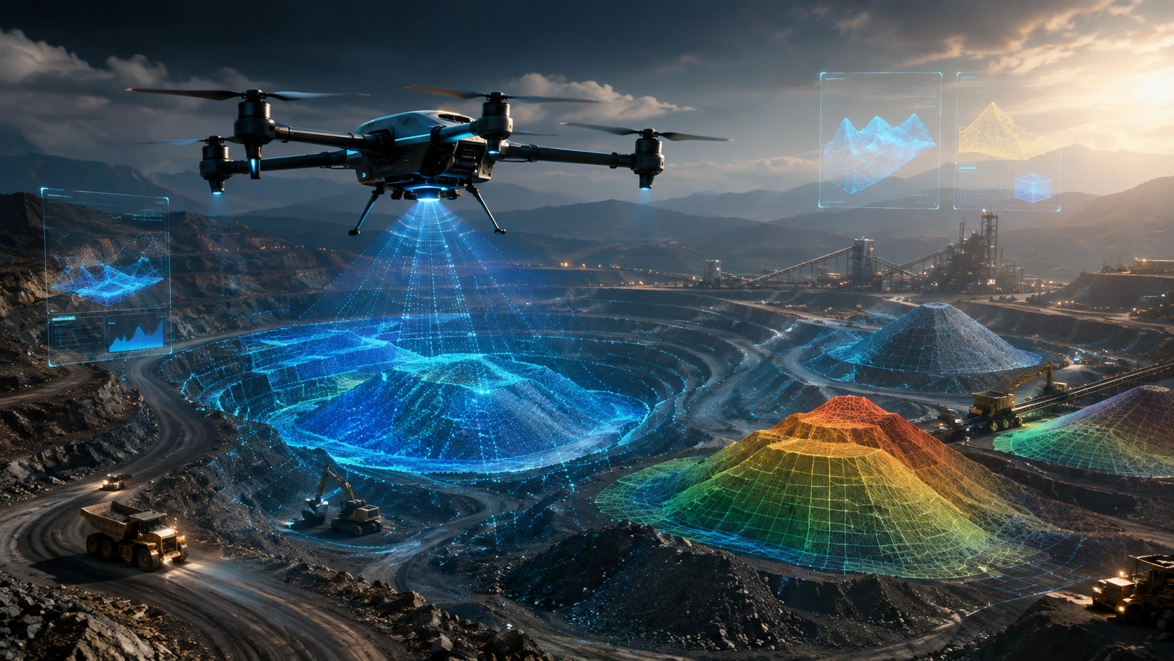 Drone survey mining volume calculation showing stockpiles, quarry benches, excavation areas, and 3D terrain data used for accurate volume measurement.