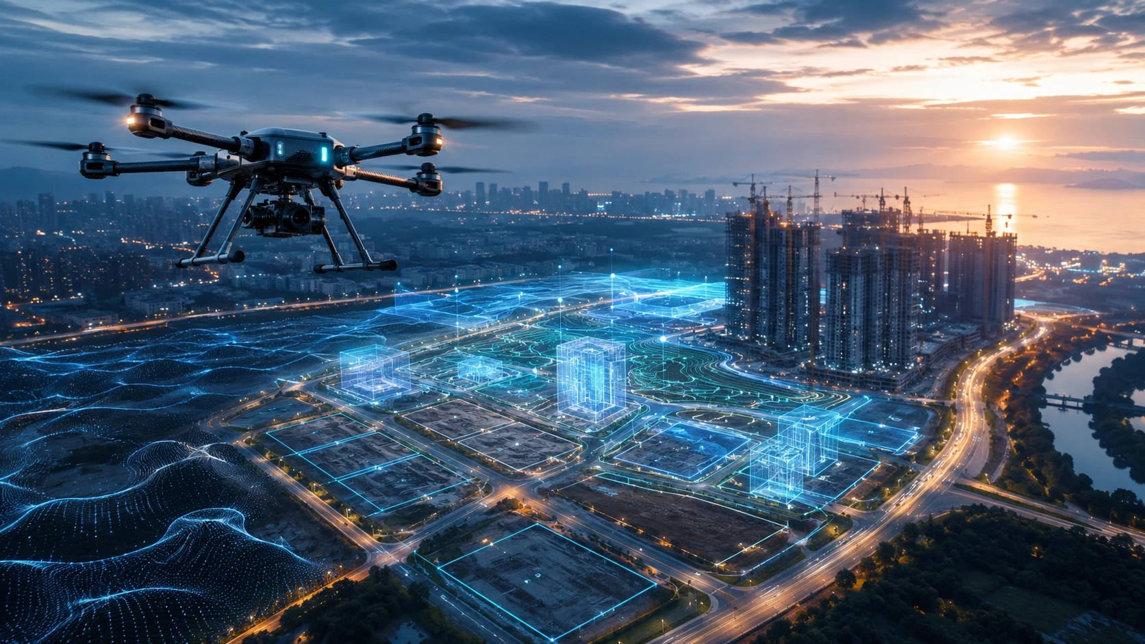 Real estate drone services capturing aerial site planning data for a development project in India