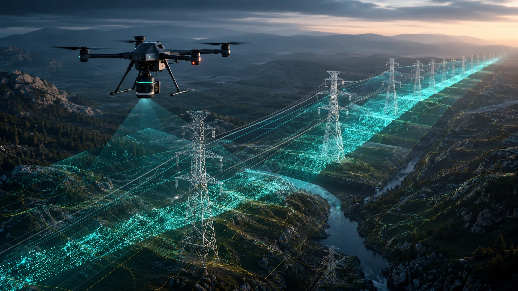 Drone LiDAR corridor mapping transmission line survey showing conductors, towers, terrain, and vegetation point clouds