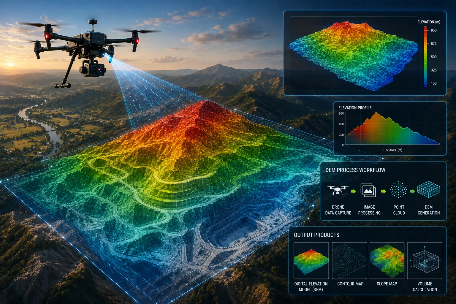 Digital elevation model drone survey visualizing terrain contours, slopes, elevation changes, and 3D surface data captured through aerial mapping.
