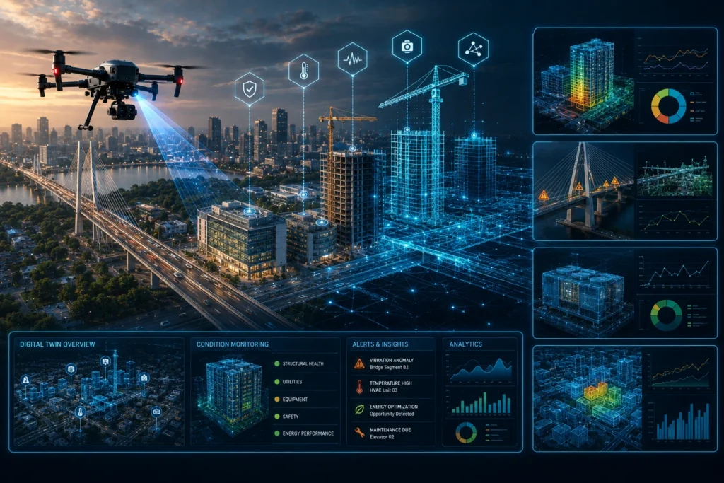 Digital twin infrastructure monitoring visualizing buildings, roads, utilities, and assets with drone survey data, LiDAR point clouds, GIS layers, and 3D models.