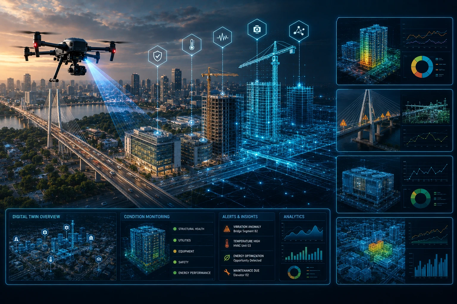 Digital twin infrastructure monitoring visualizing buildings, roads, utilities, and assets with drone survey data, LiDAR point clouds, GIS layers, and 3D models.