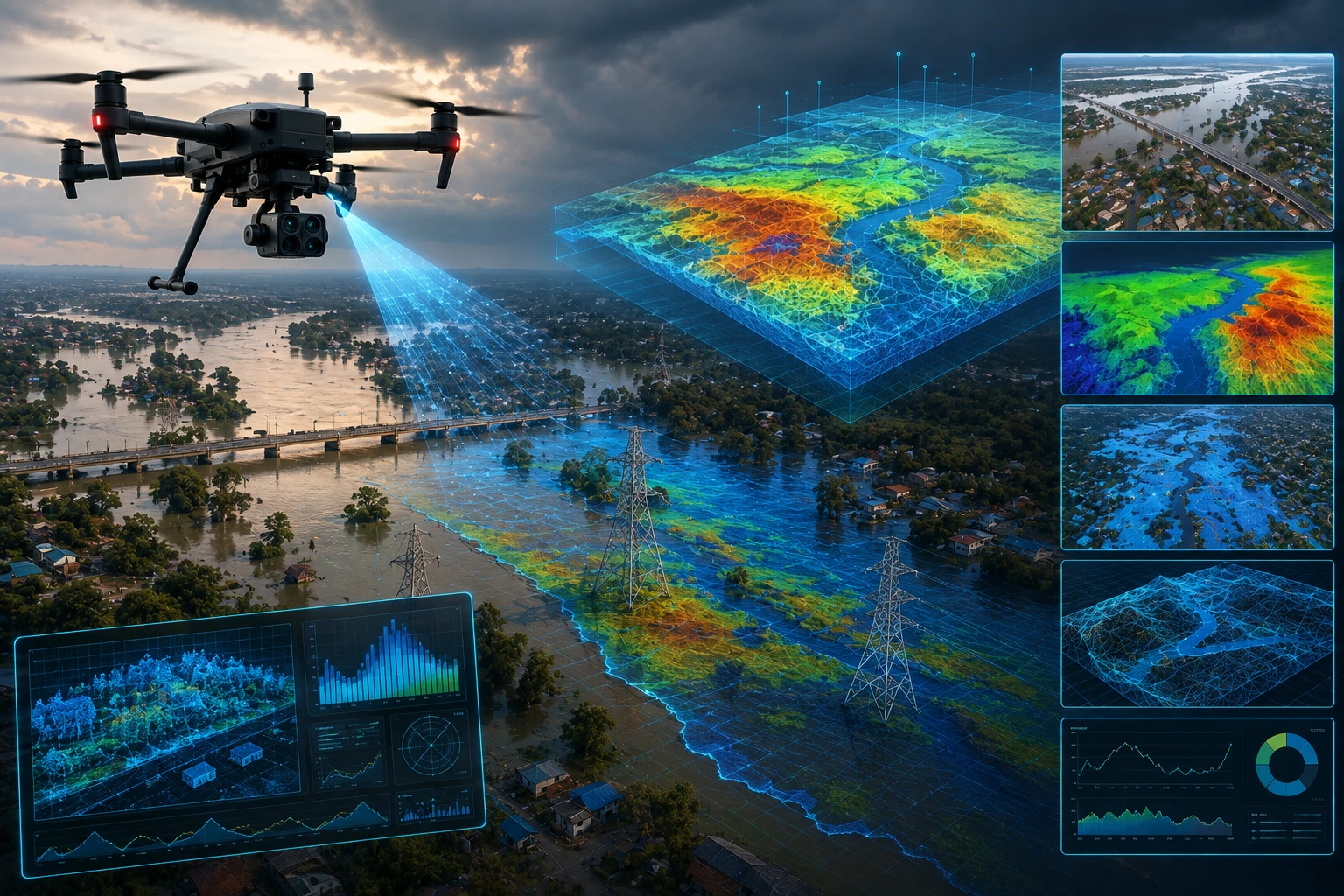 Drone flood risk assessment mapping embankments, floodplains, drainage routes, erosion zones, and waterlogged areas across Eastern India.