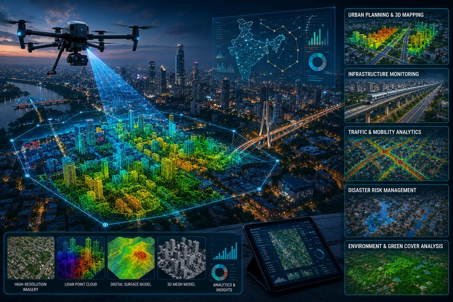 Drone geospatial smart city mapping visualizing 3D buildings, roads, utilities, terrain, and GIS layers for urban planning in India.