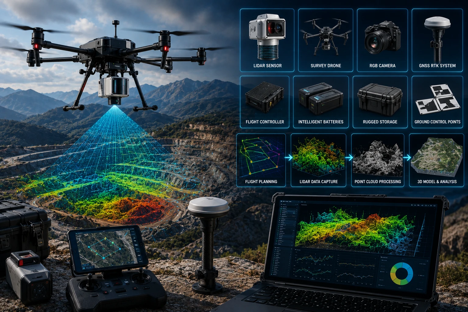 Professional drone LiDAR survey equipment including UAV platform, LiDAR sensor, GNSS receiver, IMU, RTK or PPK positioning, and field survey tools.