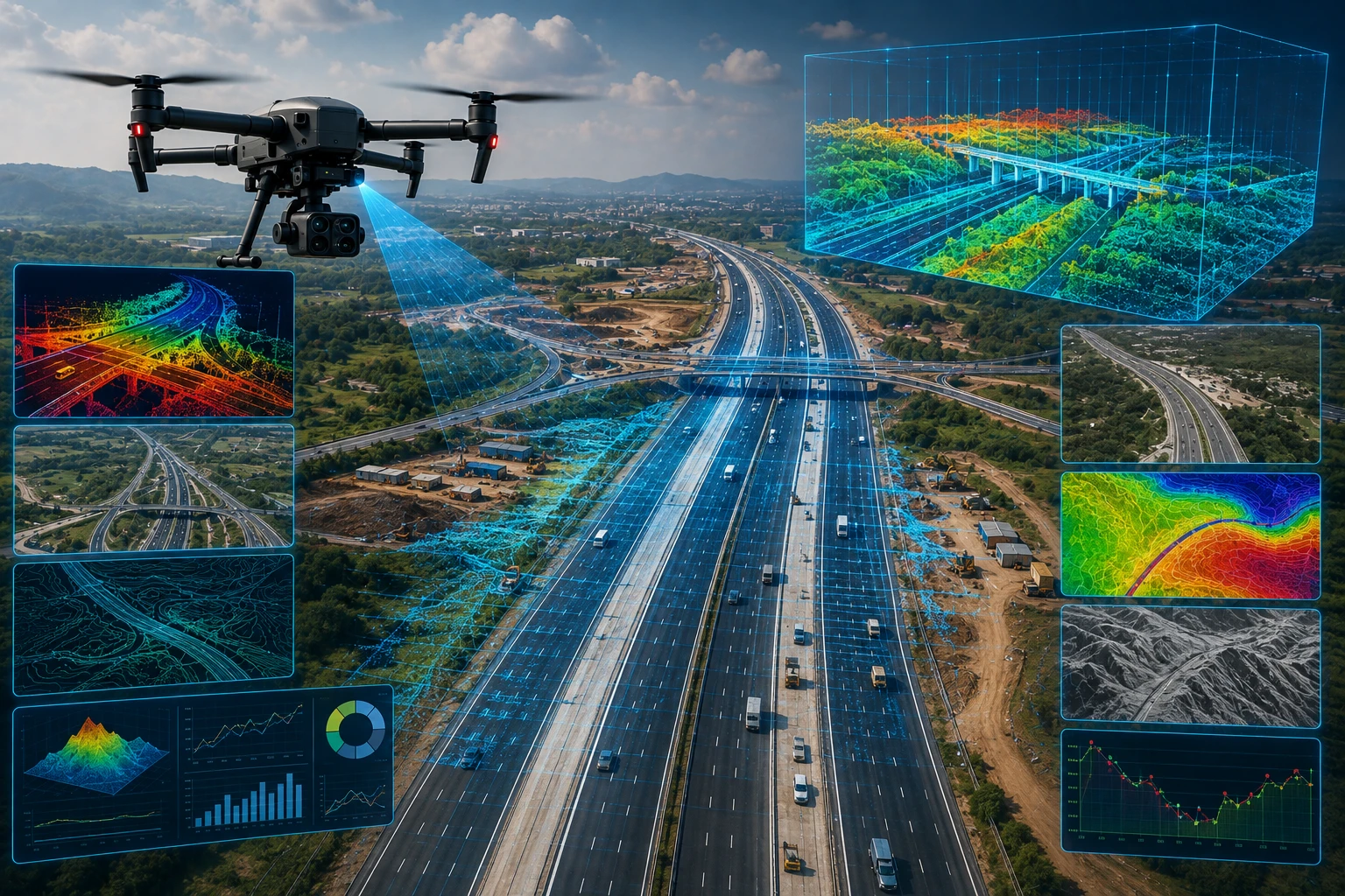 Drone survey road highway project capturing aerial mapping data for road corridors, construction progress, drainage, terrain, and infrastructure planning.