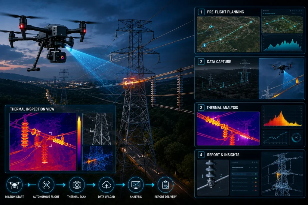 Drone thermal inspection process using infrared and RGB cameras to detect hotspots and visible defects across power lines and electrical components.