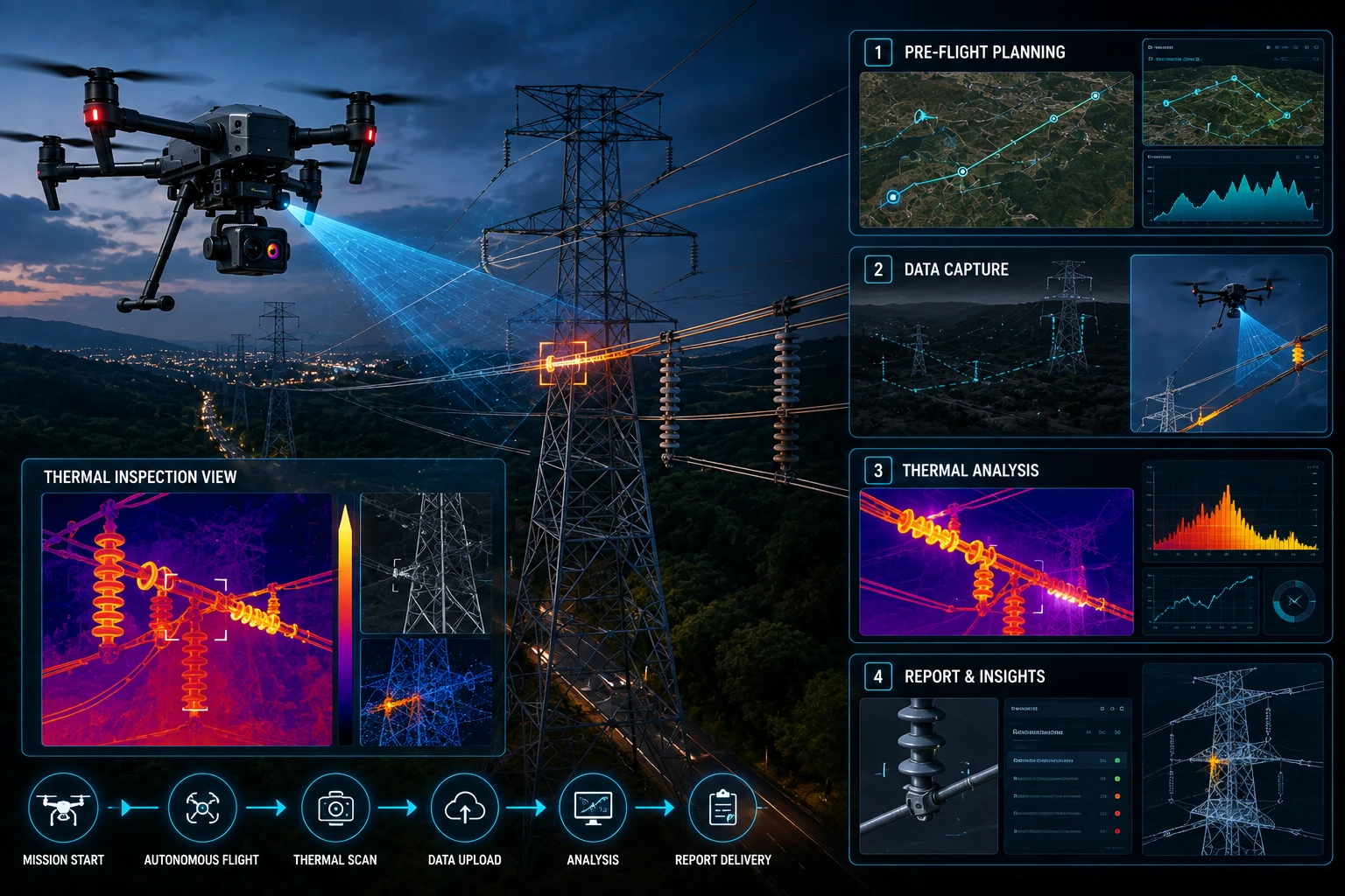 Drone thermal inspection process using infrared and RGB cameras to detect hotspots and visible defects across power lines and electrical components.