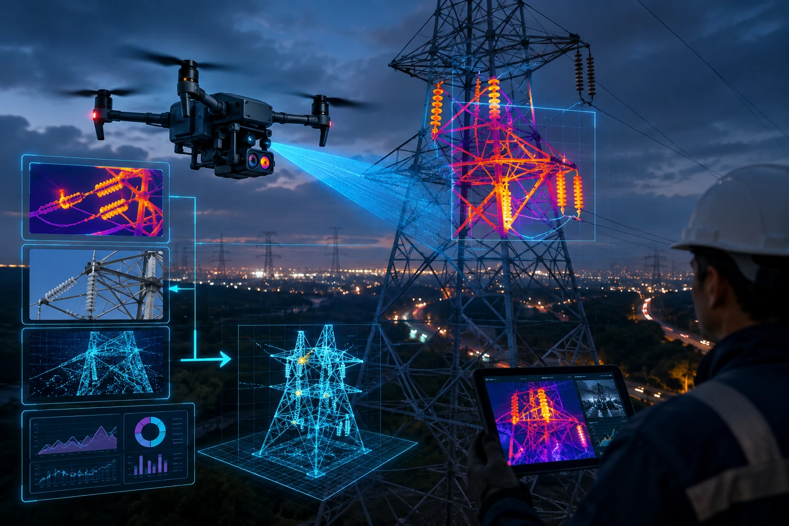 Drone thermography tower inspection detecting hotspots on an electrical transmission tower