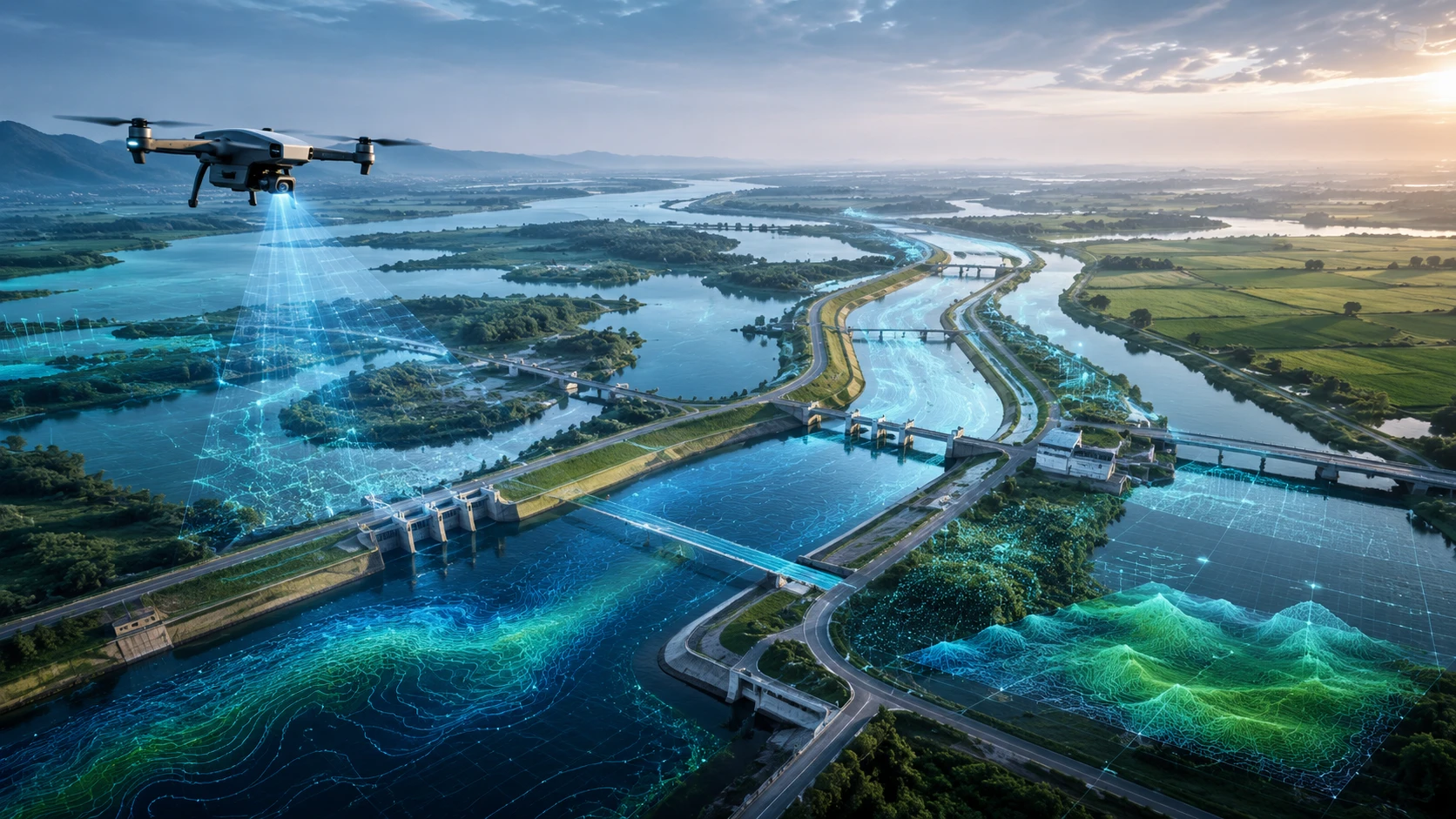 Drone canal waterway mapping survey capturing aerial data of canals, embankments, drainage channels, and surrounding terrain for water resource planning.