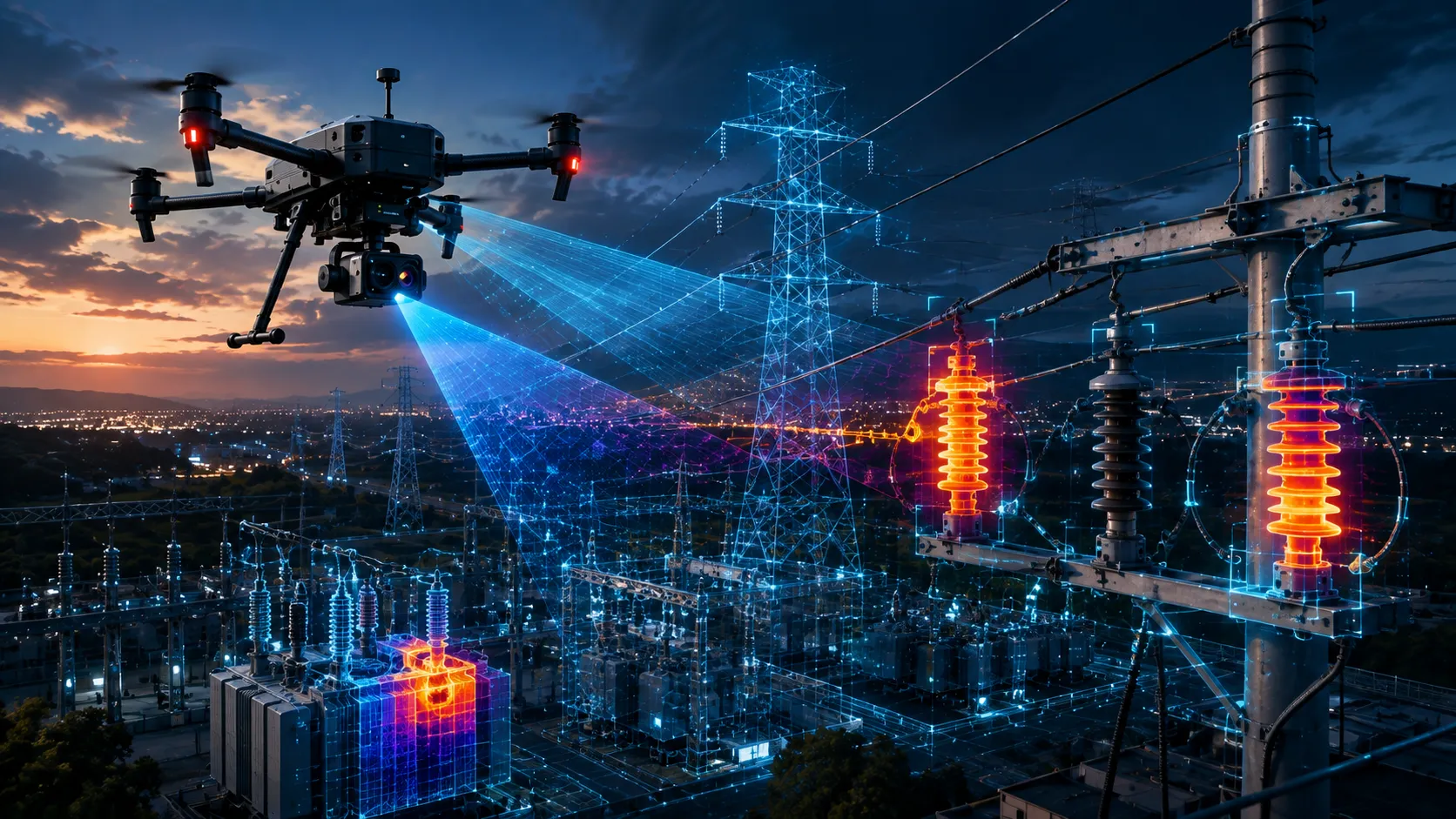 Drone inspection power distribution using thermal and RGB cameras to assess overhead lines, poles, transformers, feeders, and electrical assets for faults.