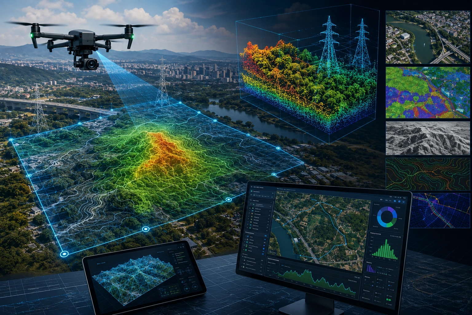 GIS drone survey data analysis showing orthomosaic, point cloud, and map layers for a project site