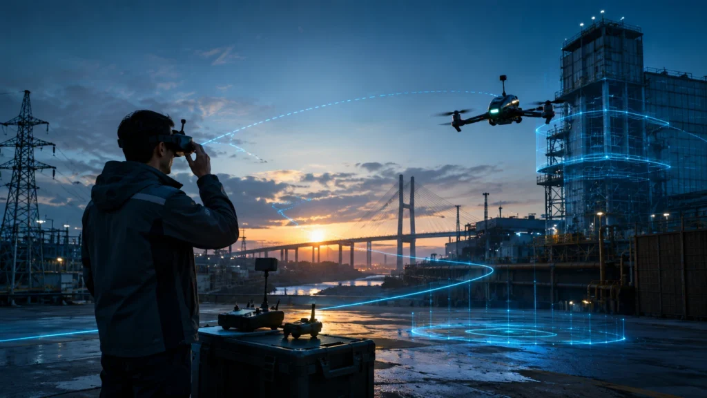 FPV drone training and inspection showing pilots operating agile drones for indoor, industrial, infrastructure, and visual inspection applications.