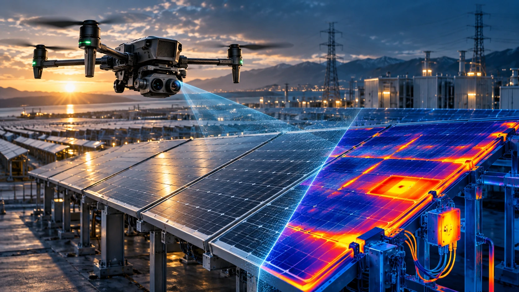 Thermal vs RGB drone inspection comparison showing infrared heat imaging and visible aerial imagery for asset monitoring and defect identification.