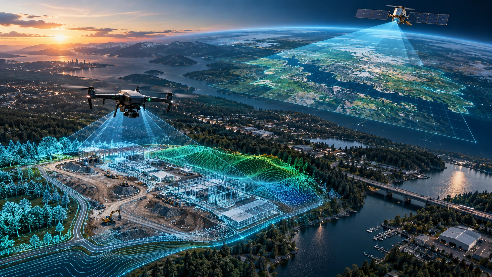 Drone mapping vs satellite imagery comparison showing site-level aerial mapping, satellite view, and project data outputs