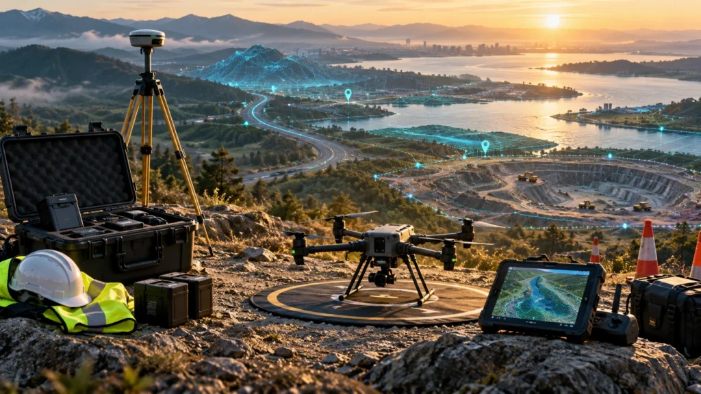 Drone survey planning checklist showing site assessment, flight planning, permissions, safety checks, GNSS setup, and aerial mapping preparation steps.