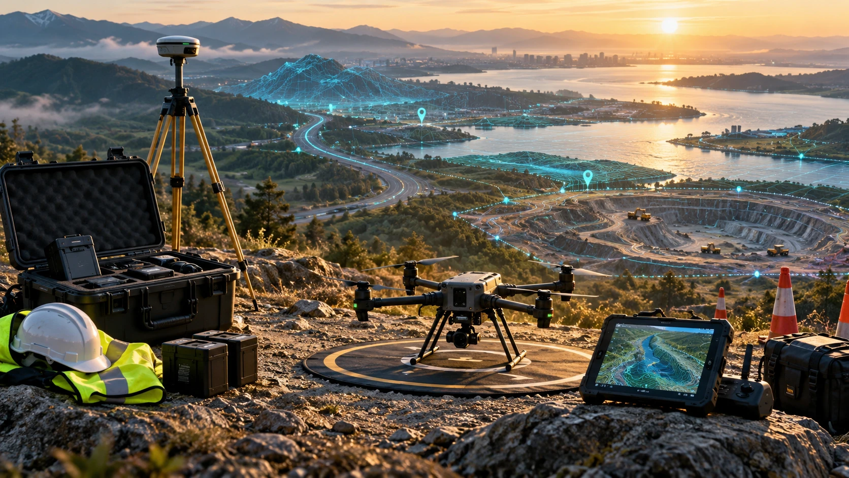 Drone survey planning checklist showing site assessment, flight planning, permissions, safety checks, GNSS setup, and aerial mapping preparation steps.