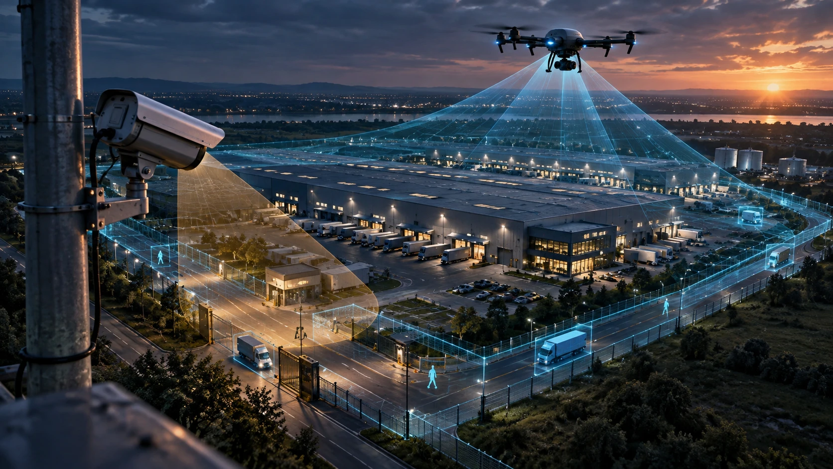 Drone surveillance vs CCTV comparison showing aerial monitoring, fixed security cameras, real-time observation, and security solutions for large areas.