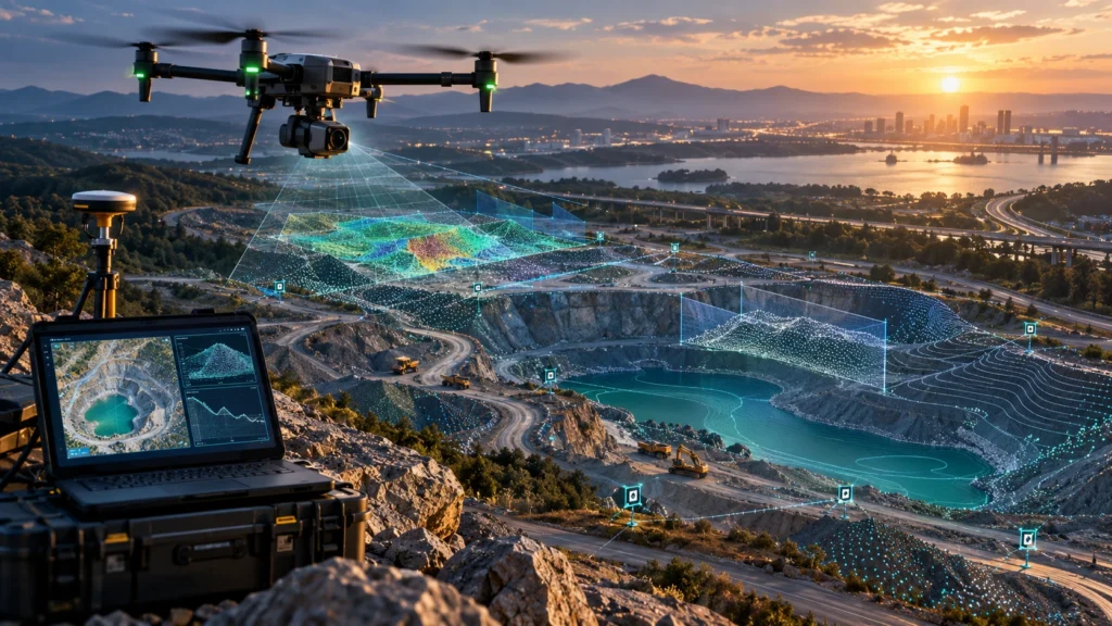 Drone survey quality control workflow showing GCP checks, orthomosaic review, elevation model validation, and mapping report delivery.
