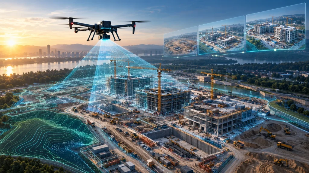 Construction drone survey frequency guide showing weekly, fortnightly, monthly, and milestone-based aerial site progress tracking