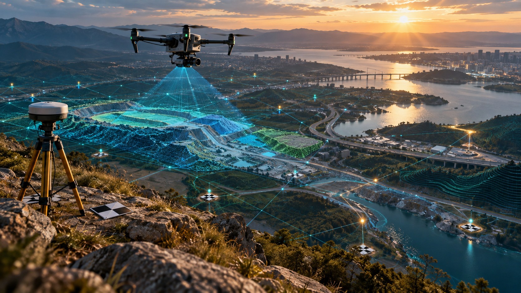 Georeferencing drone mapping workflow showing aerial imagery aligned with ground coordinates, control points, coordinate systems, and GIS mapping data.