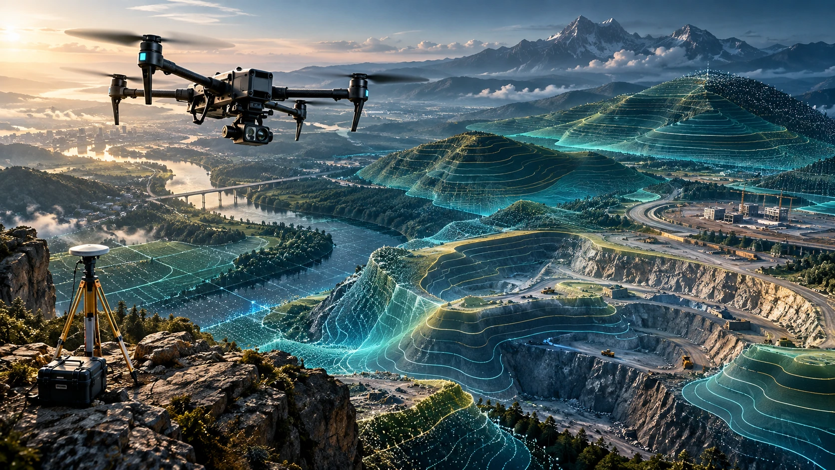 Drone contour mapping showing aerial survey data transformed into elevation contours, terrain models, slopes, and topographic information for project planning.