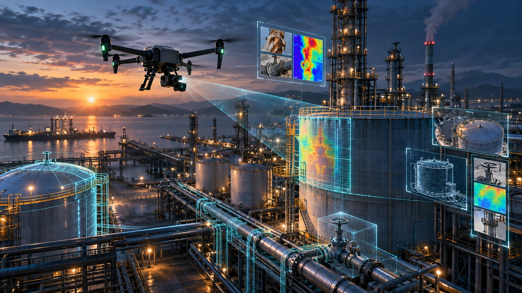 Drone inspection checklist showing industrial asset inspection with RGB camera, thermal imaging, and reporting workflow