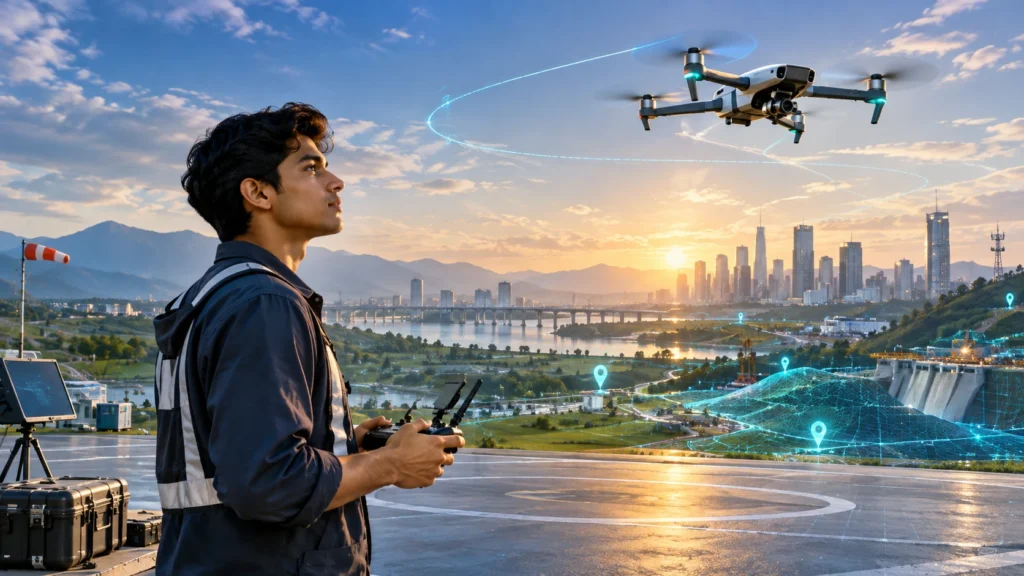 Drone training after 12th career guide showing students learning drone piloting through classroom lessons, simulator practice, and practical flight training.
