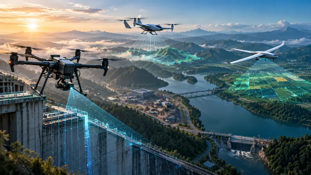 Types of drones explained with multirotor, fixed wing, and hybrid VTOL UAVs showing different designs, flight capabilities, and professional applications.