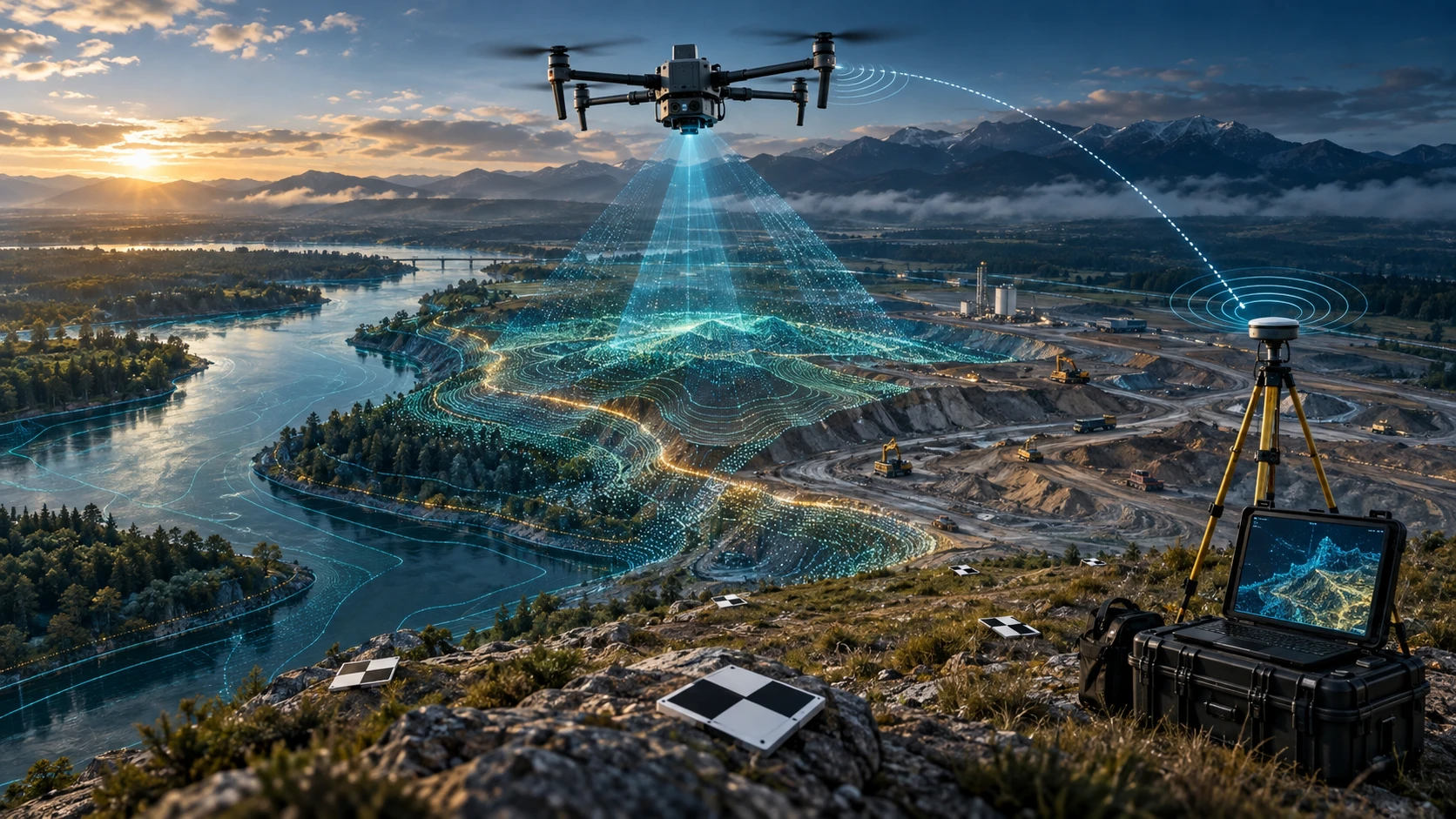 GCP RTK PPK drone survey workflow showing ground control points, GNSS positioning, aerial mapping, and accurate geospatial data collection.