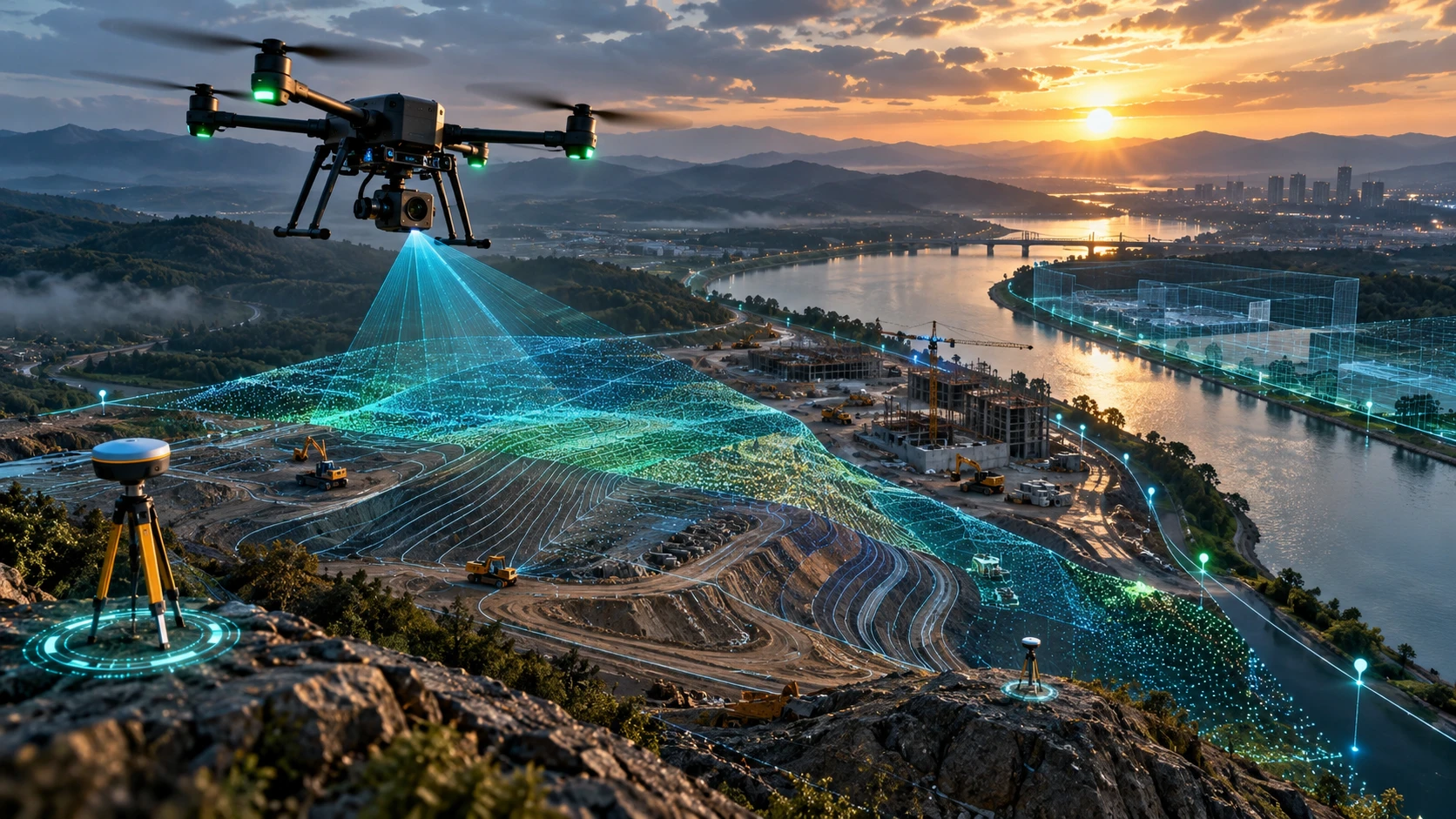 Drone survey accuracy analysis showing GNSS equipment, ground control points, aerial mapping, and geospatial data used for precise surveying projects.