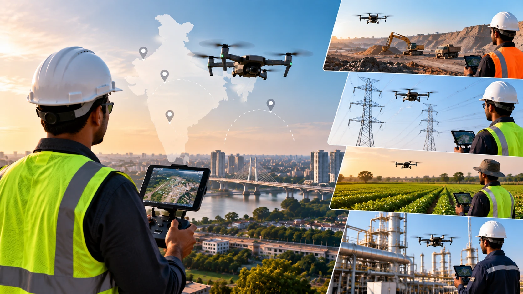 Professional drone pilot operating a drone for surveying and inspection work in India