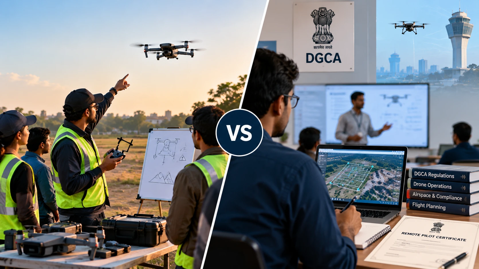 Beginner learning about drones during a drone workshop compared with professional DGCA drone pilot training